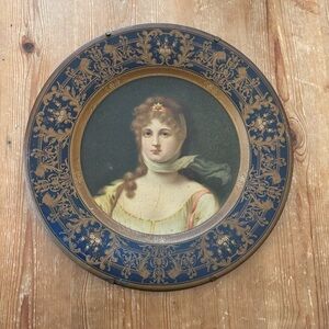 Vintage Victorian Lady Portrait Decorative Metal 10” Plate Wall Hanging Ornate